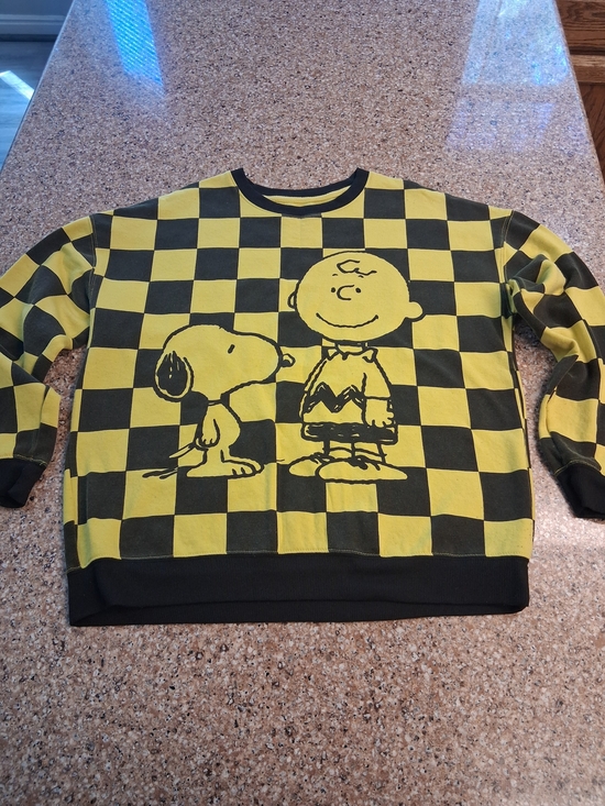 Peanuts Sweaters - Peanuts Yellow and Black Checkerboard Crewneck with Snoopy & Charlie Brown